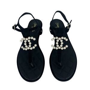 Chanel CC Pearl T Strap Suede Sandals Black 37.5C